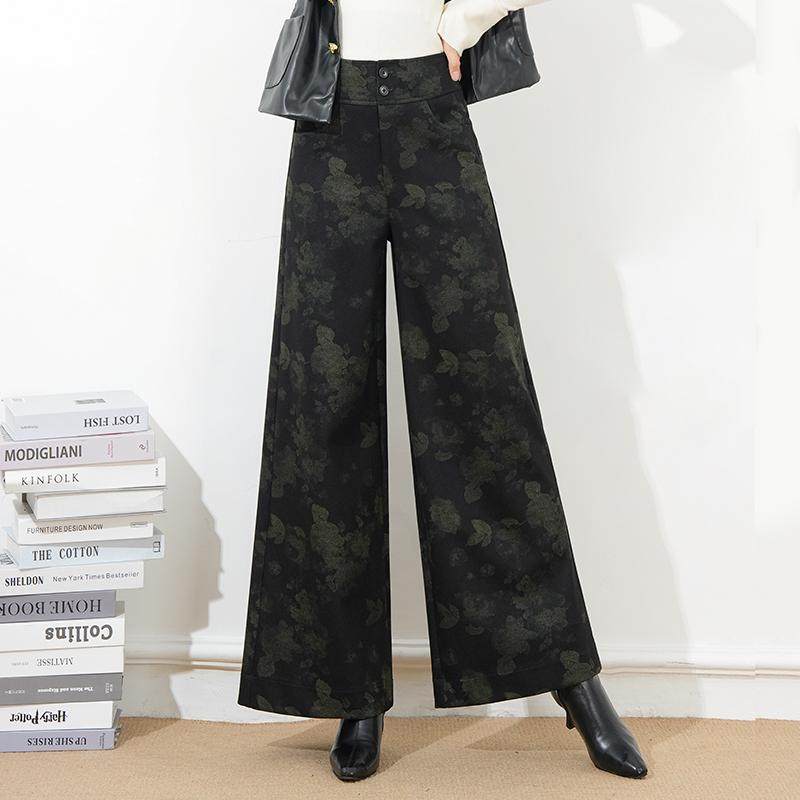 气质复古印花阔腿裤女秋冬2025新款高腰宽松垂感大脚裤格纹长裤子