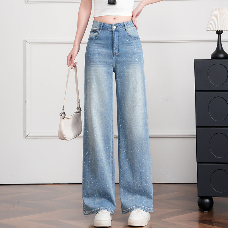 设计感百搭气质2026春夏新款高腰显瘦烫钻阔腿牛仔裤女浅蓝色长裤