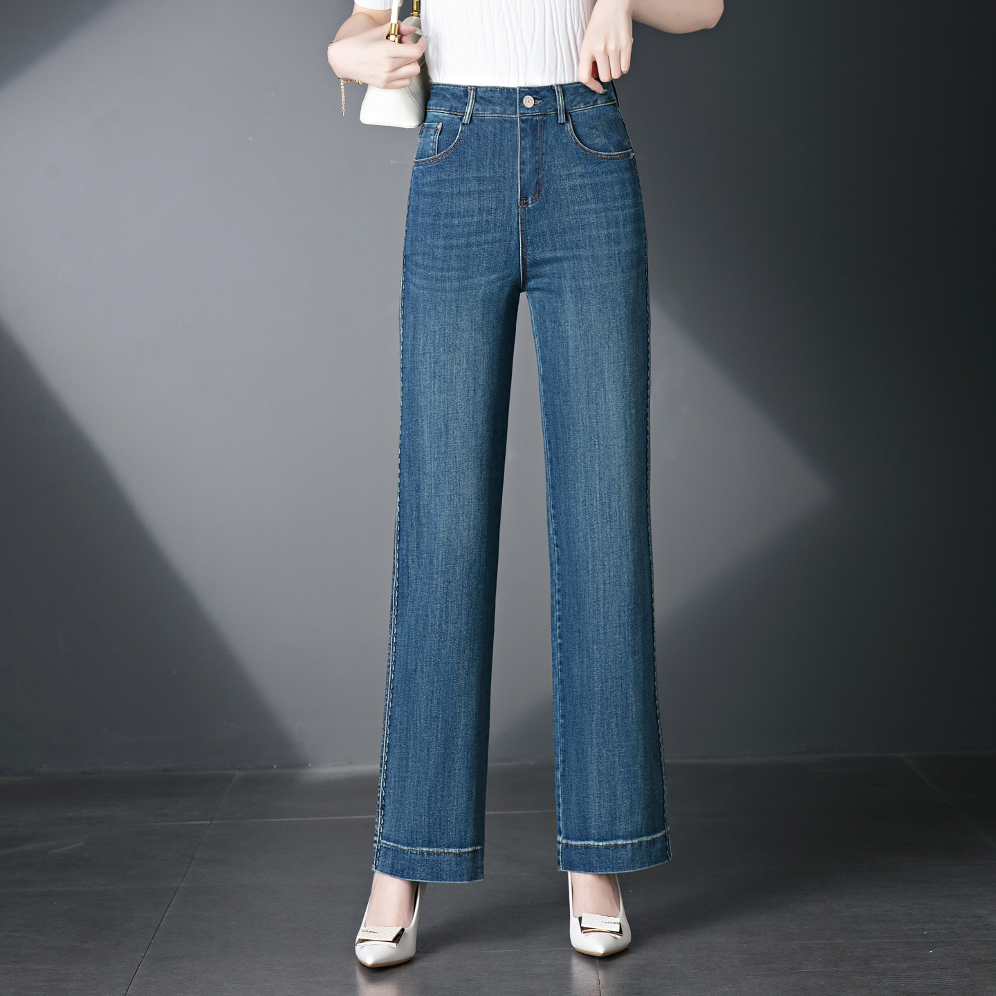 气质百搭高腰直筒牛仔裤女2026春夏新款宽松显瘦垂感长裤复古蓝色