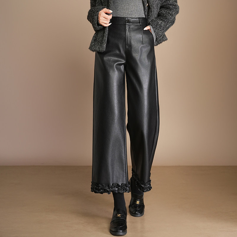 木耳花边PU皮裤九分阔腿裤休闲裤