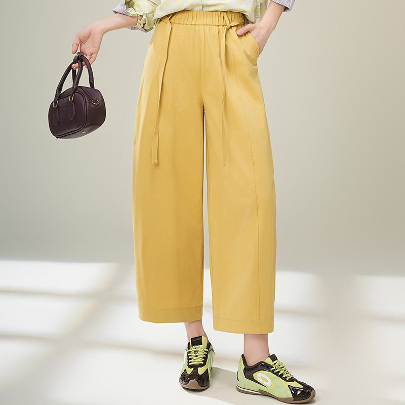 黄色松紧腰系带阔腿裤女春季2026新款宽松九分弯刀裤小个子休闲裤