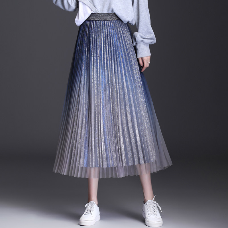 超仙渐变亮丝网纱裙女春秋垂感百褶半身裙2025新款中长大摆a字裙