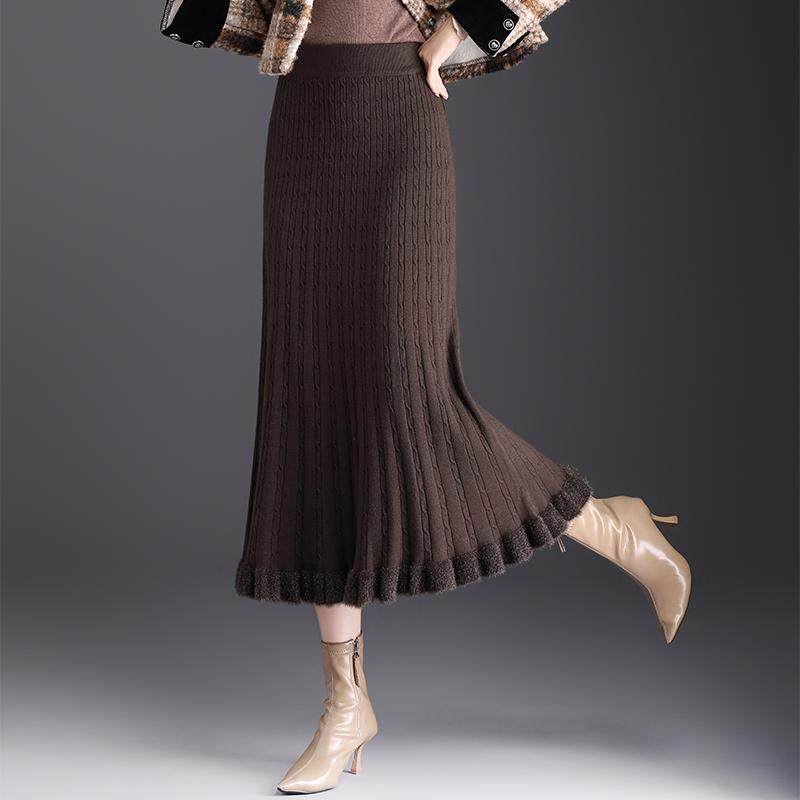 气质木耳边毛线裙子半身裙女秋冬新款高腰显瘦中长针织a字裙