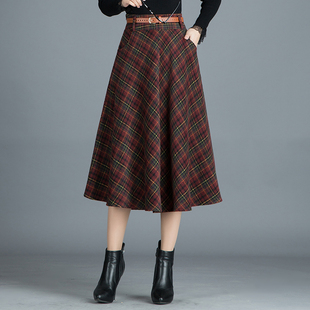 格子毛呢a字裙女2025年秋冬新款高腰显瘦中长款复古气质半身裙子