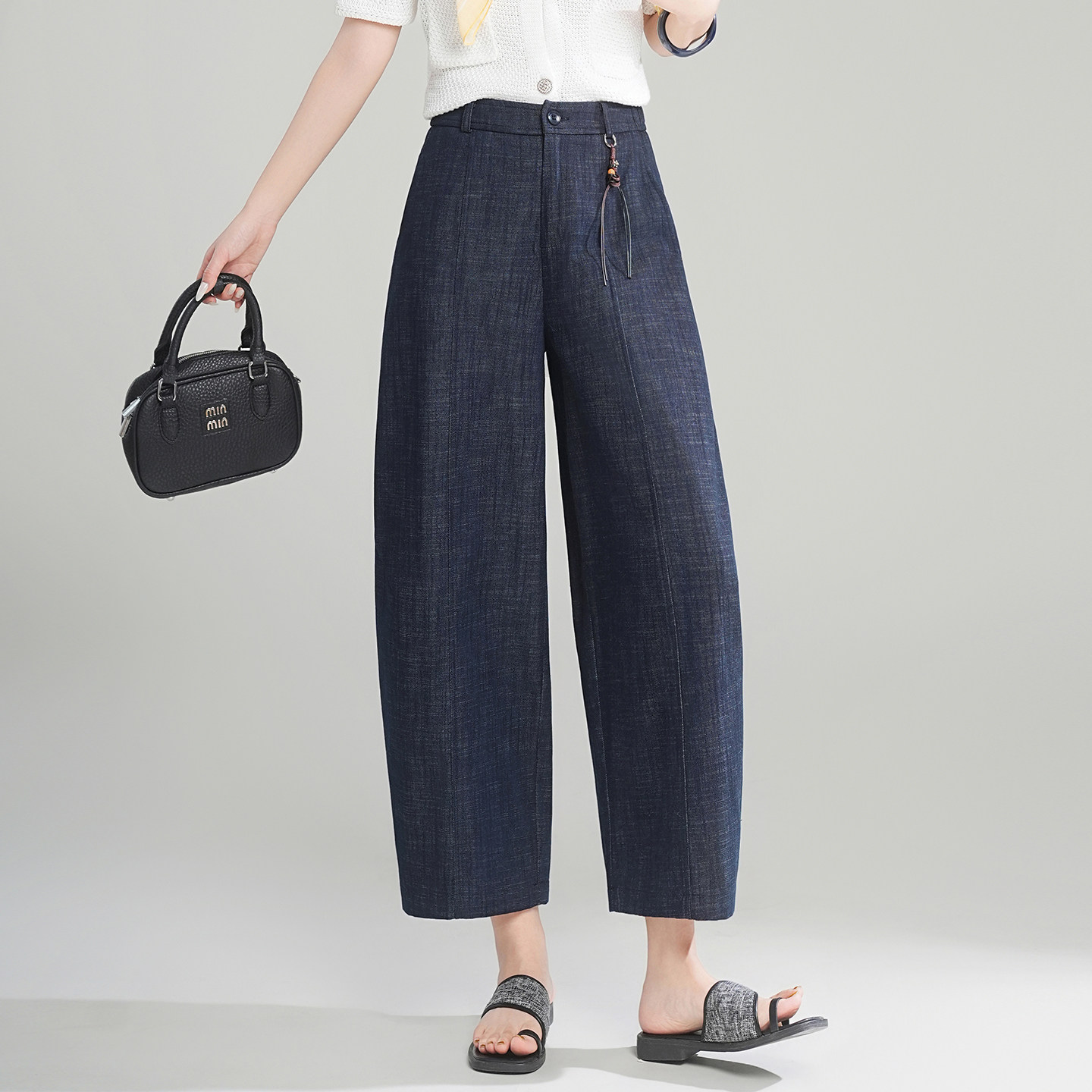 2026春季新款高腰阔腿裤女九分裤宽松垂感直筒休闲牛仔裤深蓝色