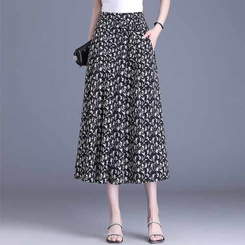 雪纺碎花半身裙中长款百褶裙