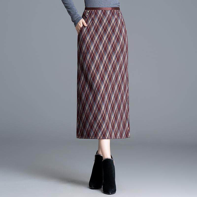 红格子包臀半身裙女秋冬新款高腰气质显瘦中长开叉直筒一步裙
