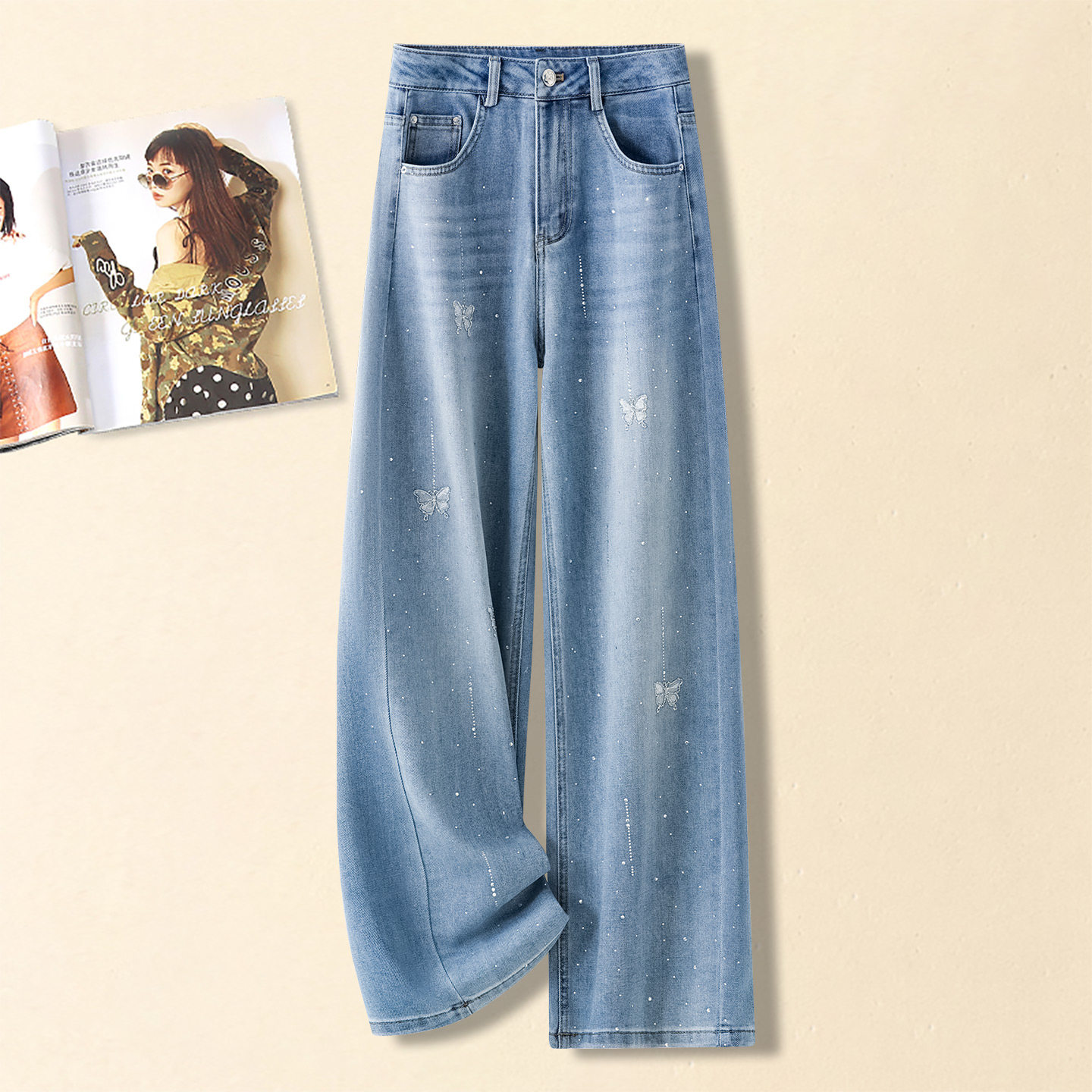 烫钻蝴蝶牛仔裤女高腰显瘦阔腿裤浅蓝色直筒裤2026春夏新款设计感