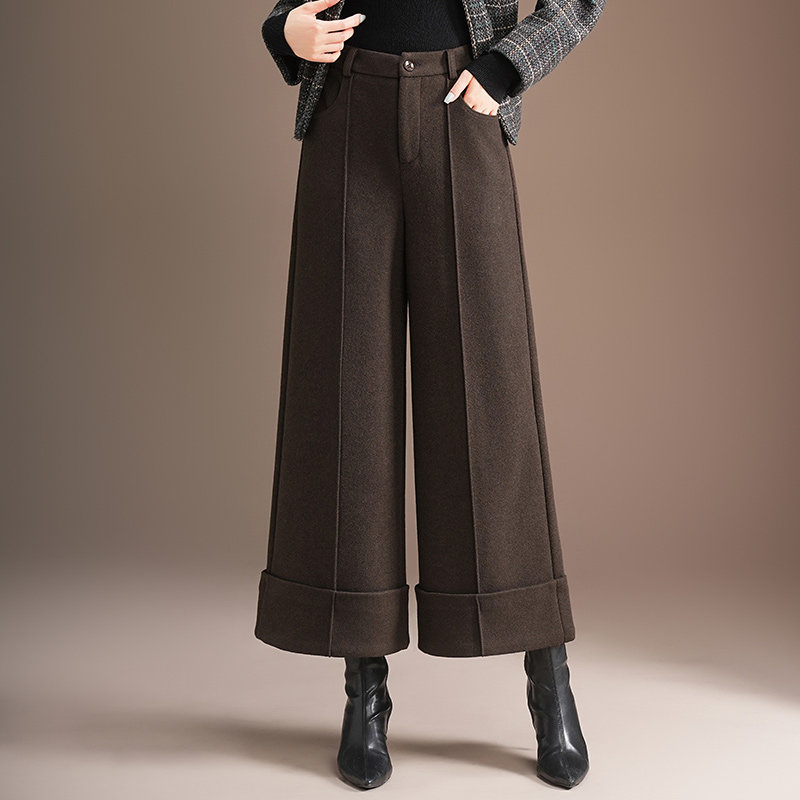 加厚羊毛呢九分休闲裤女秋冬卷边阔腿裤2025新款高腰宽松直筒裤子