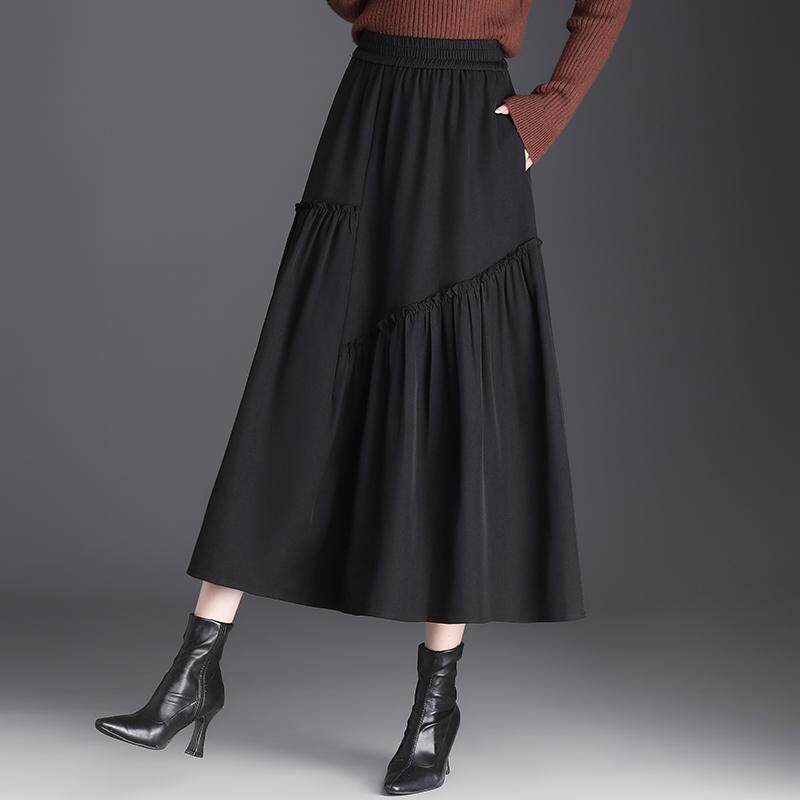黑色高腰A字半身裙女2026春夏新款显瘦大摆褶皱中长裙垂感伞裙
