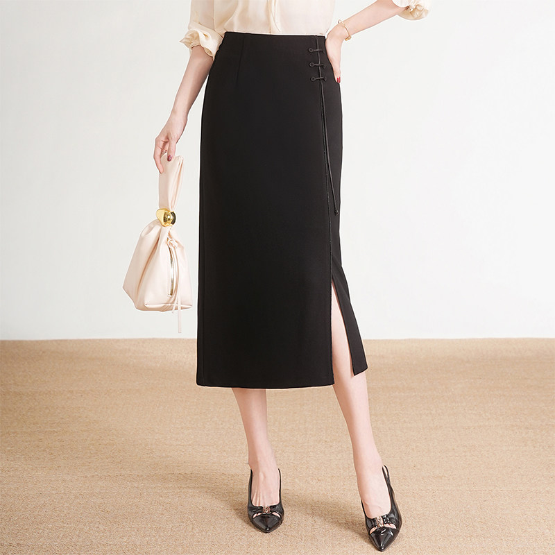 通勤ol风高腰开叉半身裙女春季新品黑色包臀一步裙中长款直筒裙