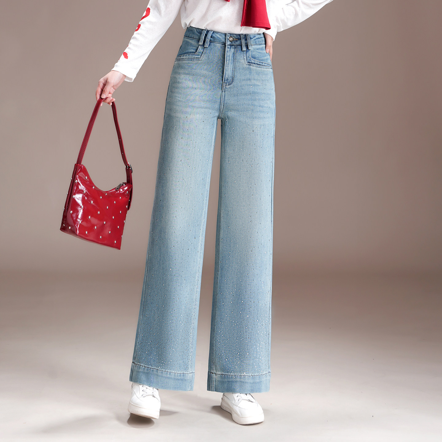 满天星烫钻高腰阔腿牛仔裤女显瘦直筒九分裤小个子2026春夏新款