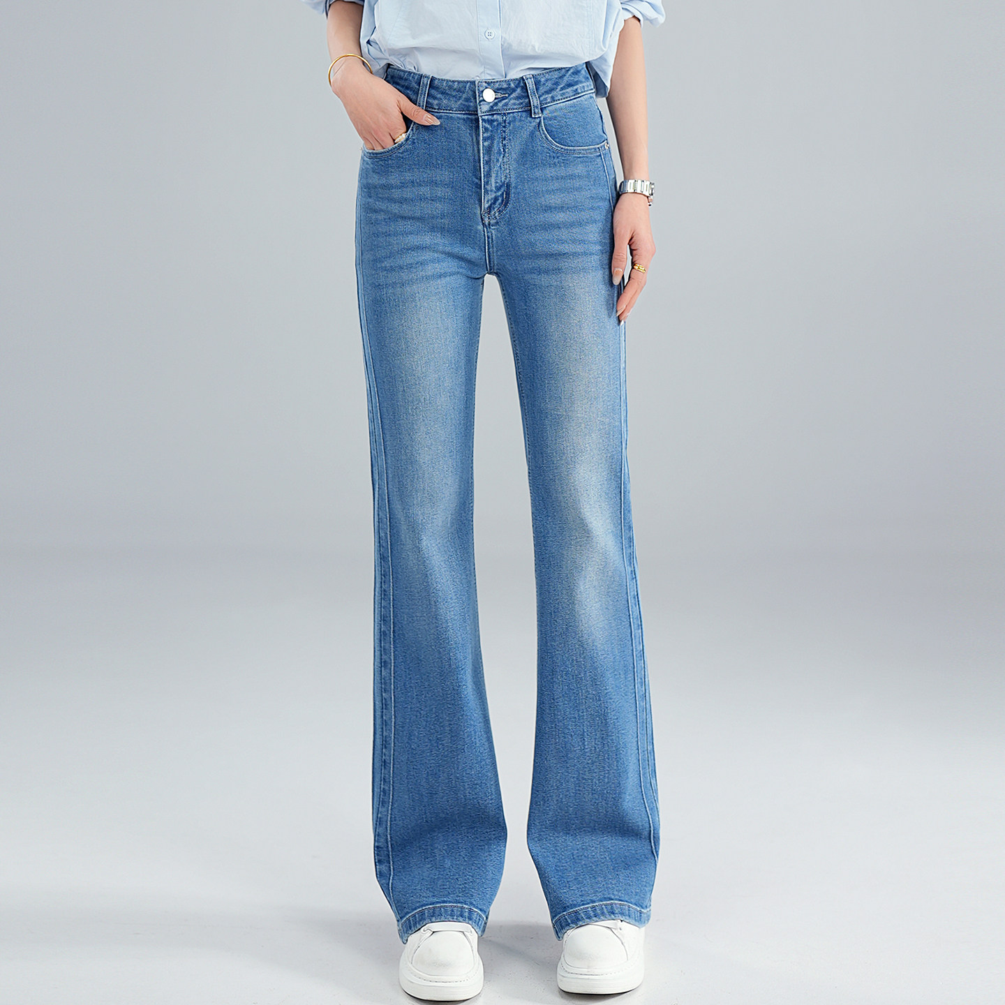 2026春季新款百搭高腰直筒牛仔裤女浅蓝色修身显瘦阔腿裤休闲长裤