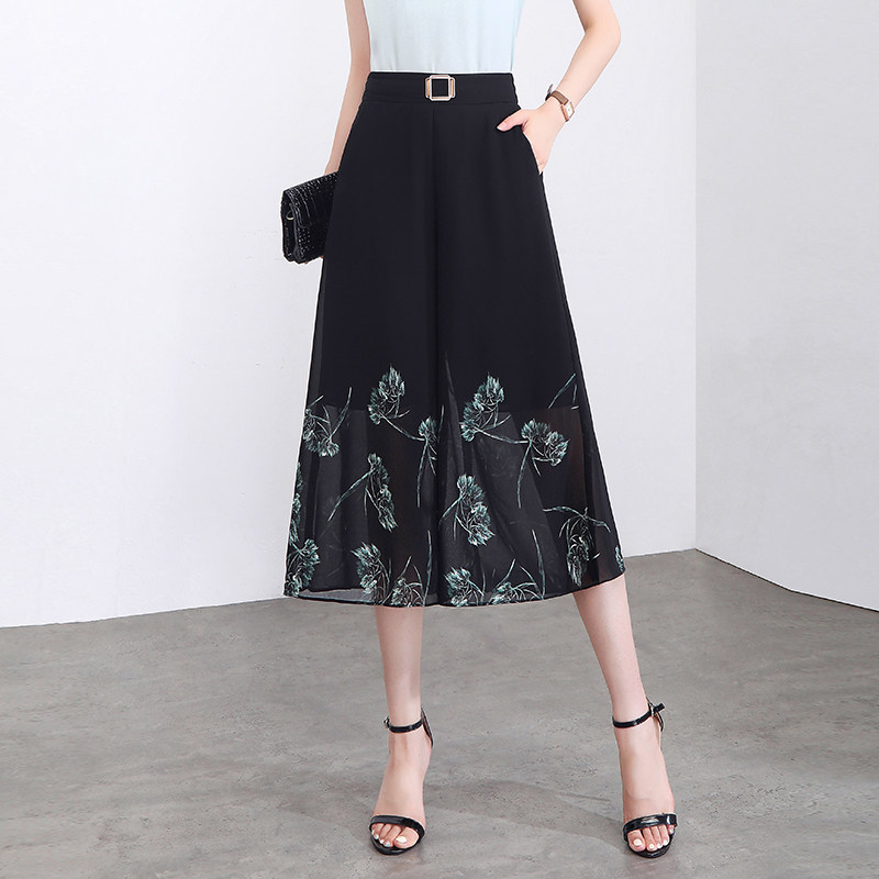 高腰印花阔腿裤女2026夏季薄款七分裤黑色垂感显瘦小个子休闲裤