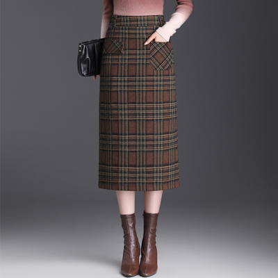 毛呢格子包臀半身裙一步裙