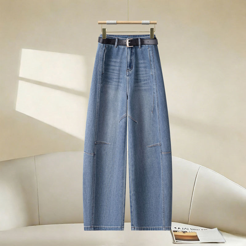 高级感蓝色弯刀牛仔裤女2026年春季新款宽松显瘦高腰垂感阔腿长裤