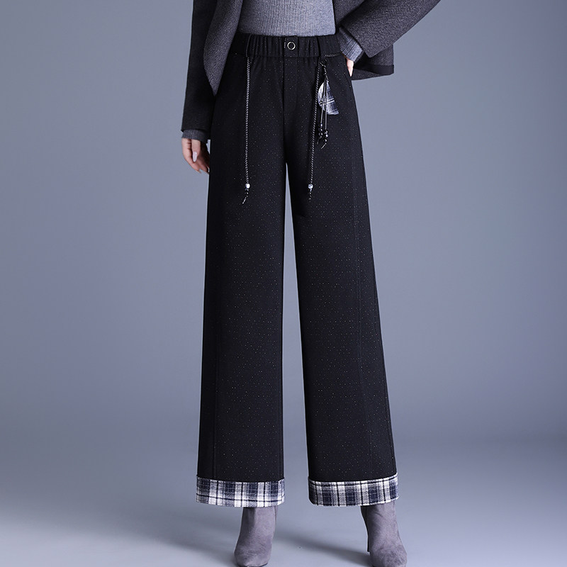 时尚金丝毛呢直筒裤女秋冬2025新款显瘦通勤百搭休闲裤卷边长裤子