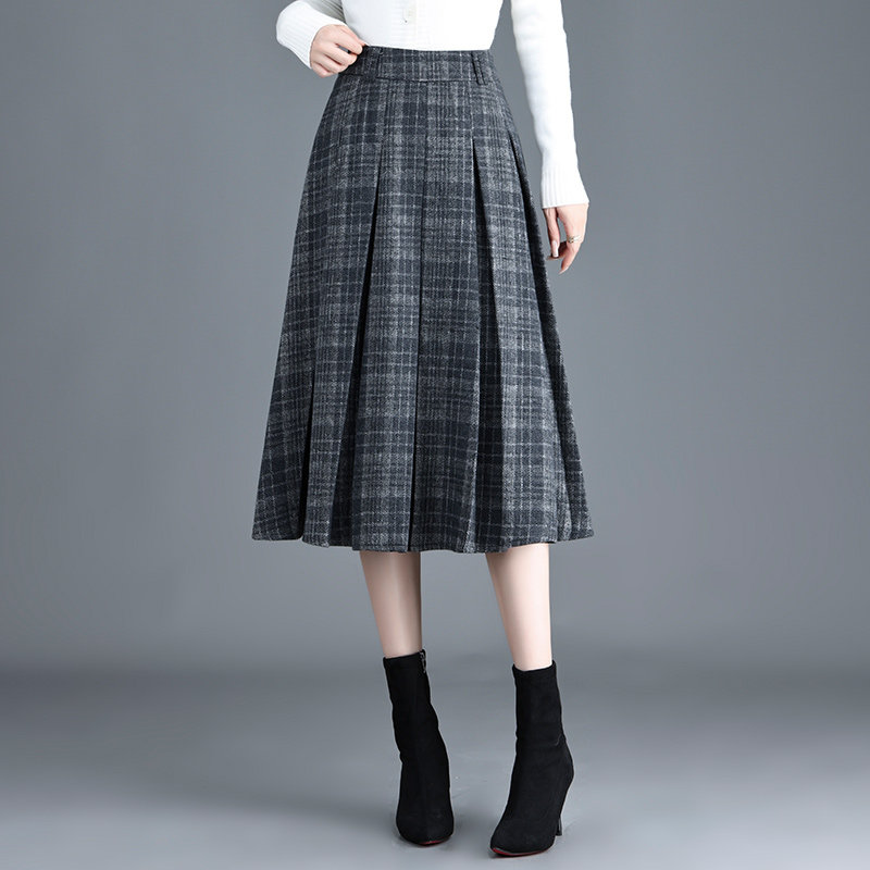 毛呢格子百褶半身裙女2025新款秋冬高腰显瘦百搭休闲中长款a字裙