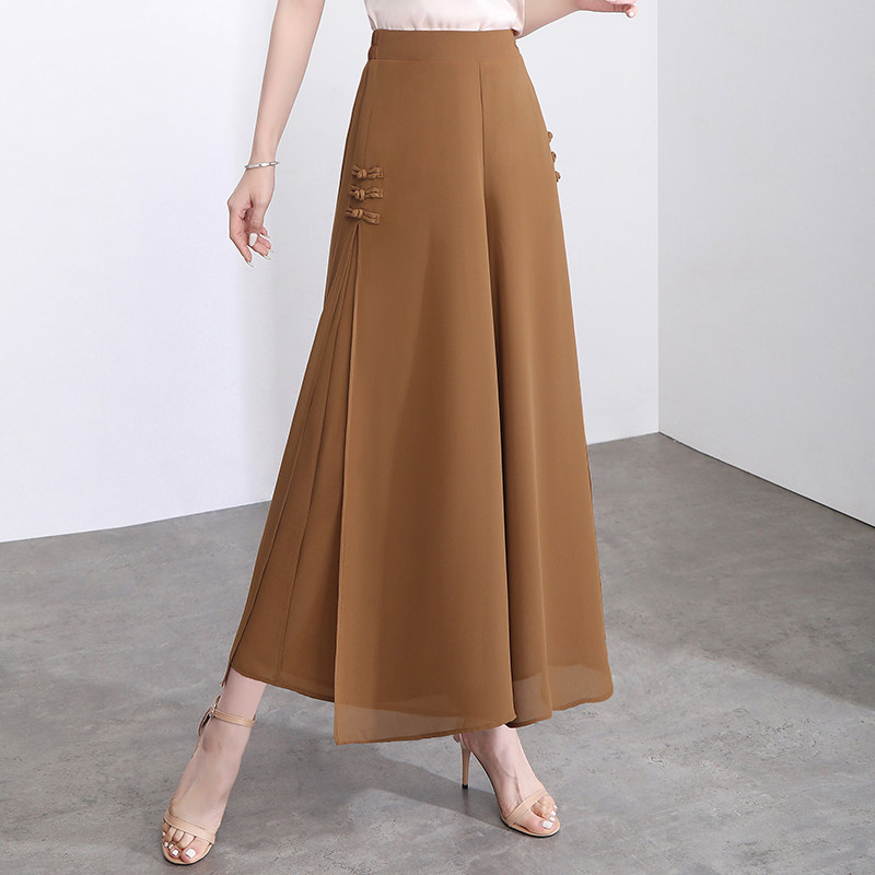 新中式盘扣阔腿裤女夏季开叉雪纺裙裤2023新款垂感宽松薄款九分裤