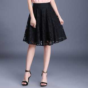 蕾丝网纱半身裙女A字裙中长款2025春秋新款蓬蓬裙百褶裙黑色伞裙
