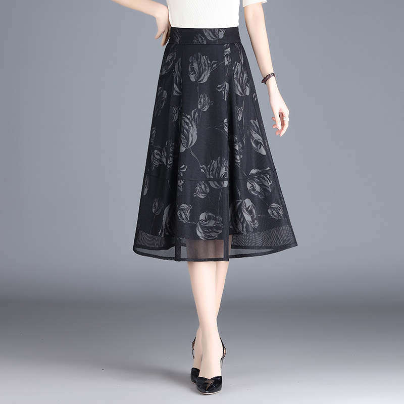 高腰网纱裙印花半身裙女春秋季2026新款韩版A字裙显瘦中长款伞裙