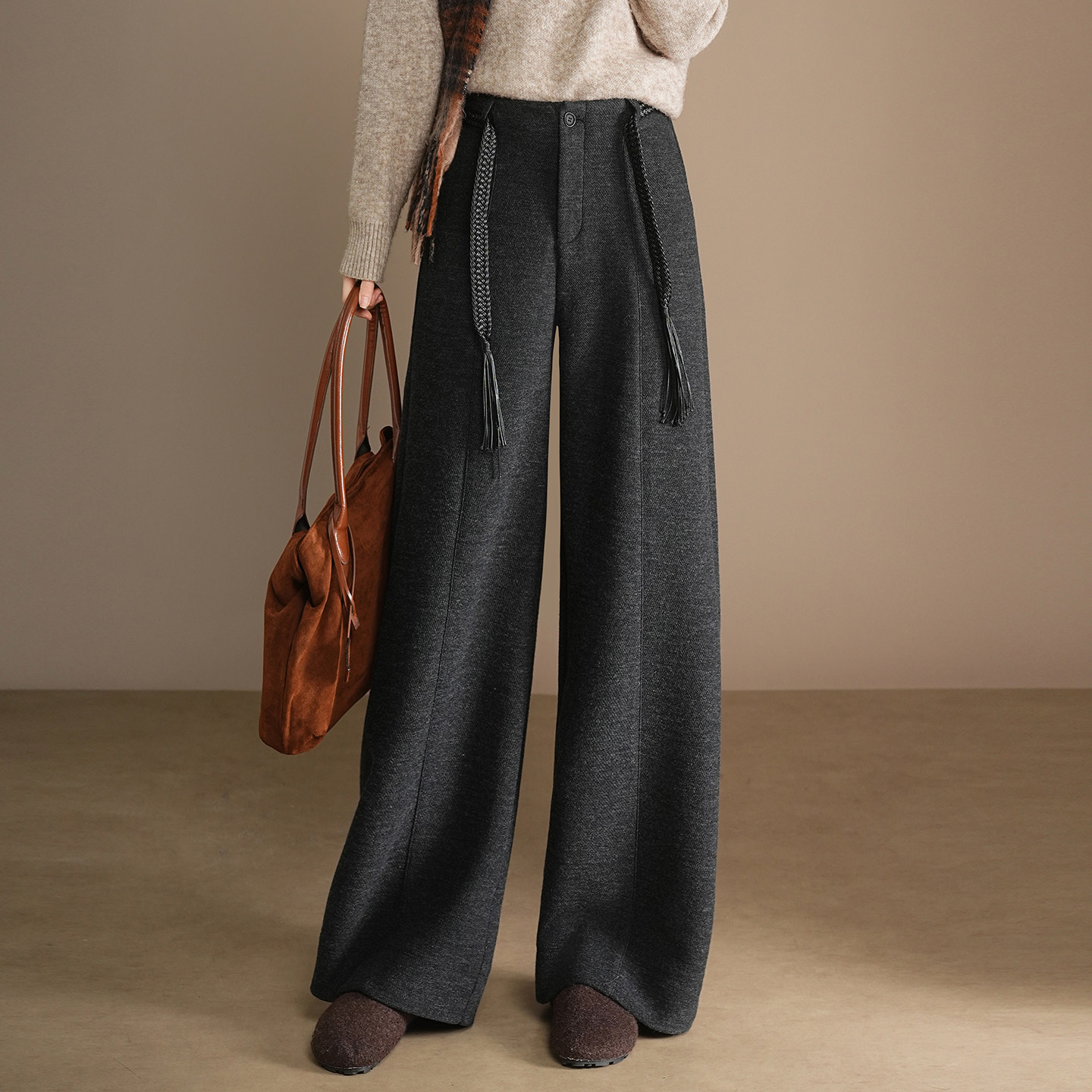 2025新款秋冬百搭羊毛呢阔腿裤女宽松垂感通勤长裤高级感休闲裤厚