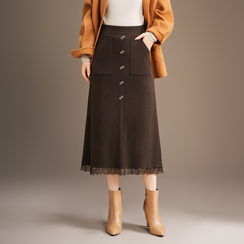 针织半身裙女2025秋冬新款时尚百搭显瘦A字裙高腰蕾丝边中长裙子