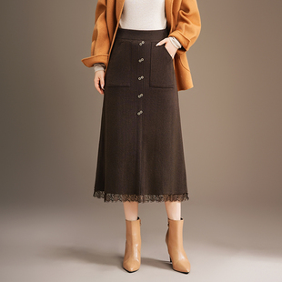 针织半身裙女2025秋冬新款时尚百搭显瘦A字裙高腰蕾丝边中长裙子