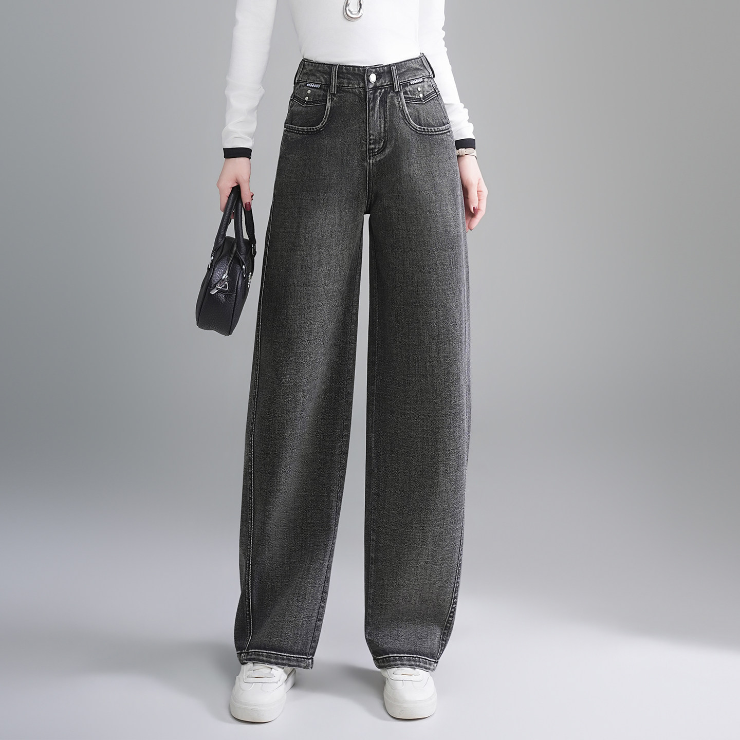 高级感2026春季新款高腰阔腿牛仔裤女宽松显瘦百搭休闲弯刀长裤