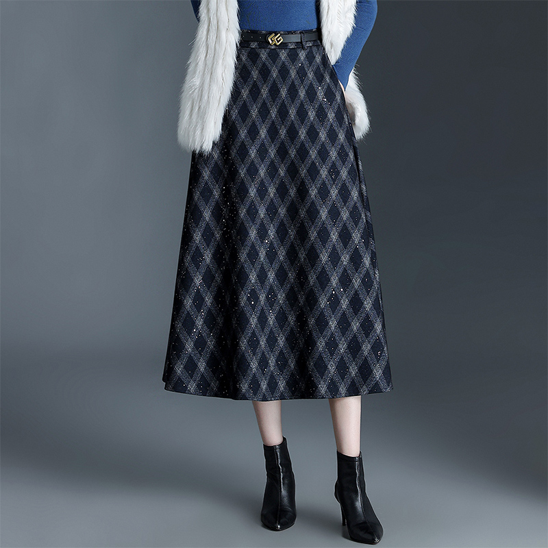 闪粉格子毛呢裙半身裙显瘦a字裙