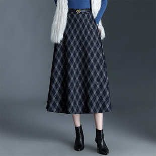 闪粉格子毛呢裙半身裙女秋冬2025新款气质显瘦a字裙中长通勤伞裙