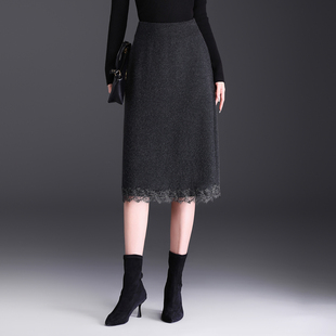 蕾丝花边毛线半身裙女中长款 高腰显瘦气质包臀裙子一步裙 2025新款