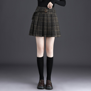 格子百褶半身裙女2025秋冬新款高腰显瘦时尚毛呢休闲短款A字裙子