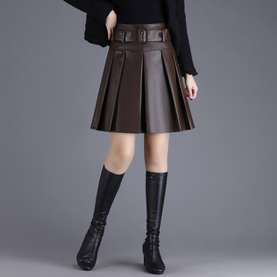 咖色皮短裙百褶裙女秋冬2025新款高腰显瘦a字半身裙百搭休闲裙子