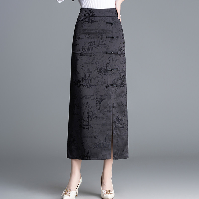 复古国风半身裙女2026春季新款气质提花开叉包臀裙高腰显瘦一步裙