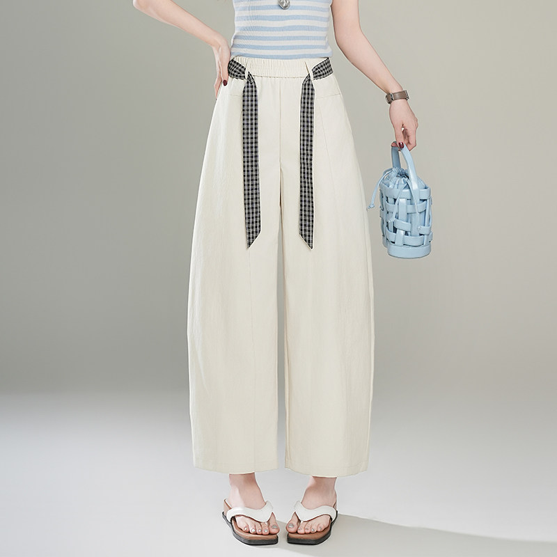 高腰格子飘带弯刀裤女宽松显瘦九分阔腿裤小个子垂感裤子2026春夏