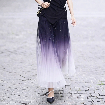 夏季渐变色网纱半身裙a字百褶裙