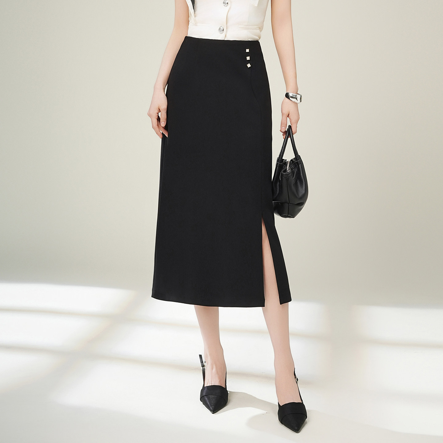 气质轻熟风黑色半身裙女高腰显瘦包臀开叉职业通勤中长裙春季新款