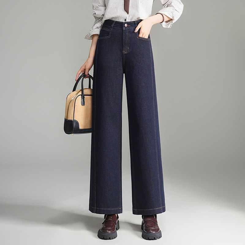 丹宁蓝直筒牛仔裤女2026春季新款高腰显瘦百搭小个子窄版阔腿裤子