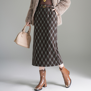 2025秋冬季新款高腰格子百搭半身裙气质毛呢一步裙中长款包臀裙子