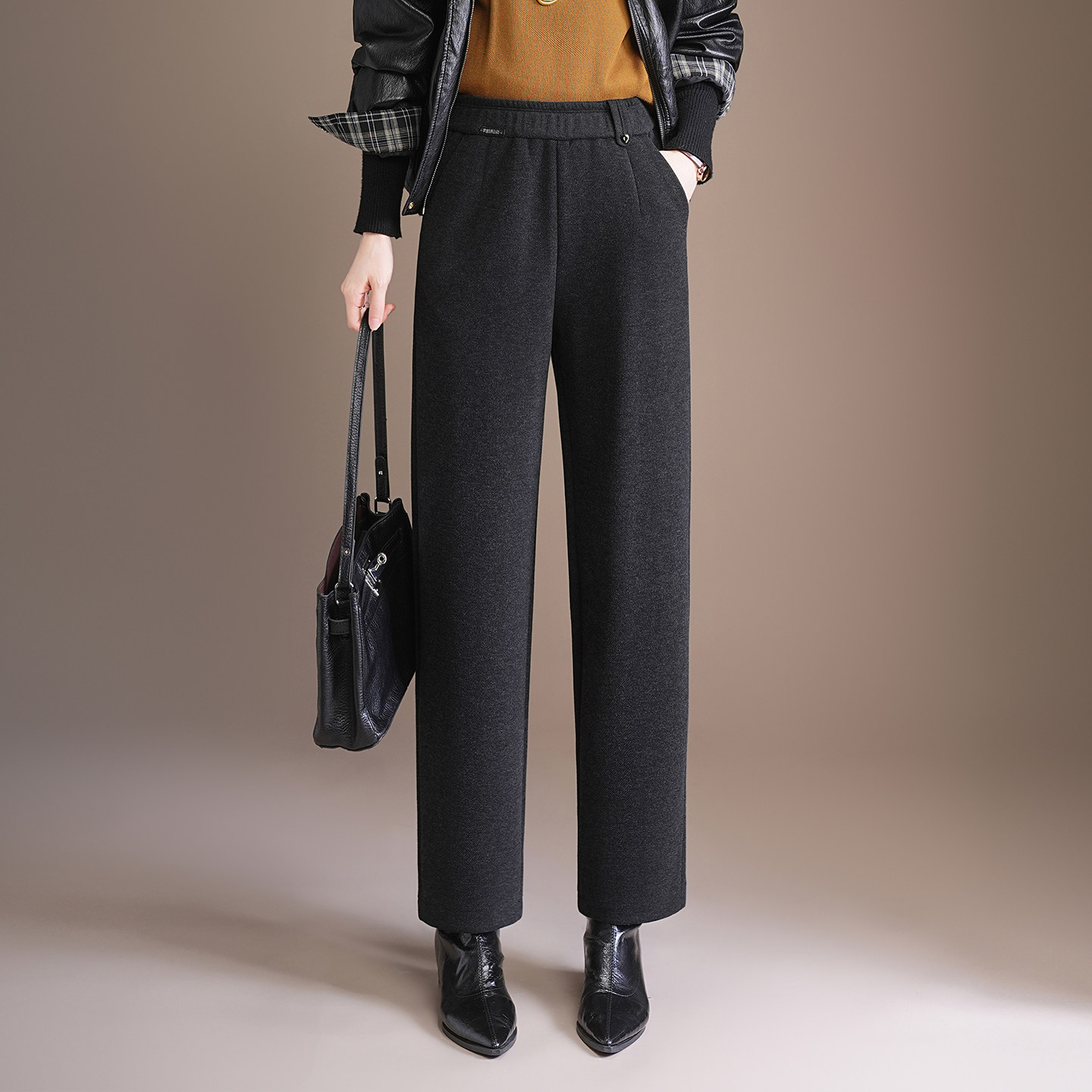 羊毛呢九分小直筒裤女秋冬2025新款松紧腰显瘦通勤百搭休闲哈伦裤