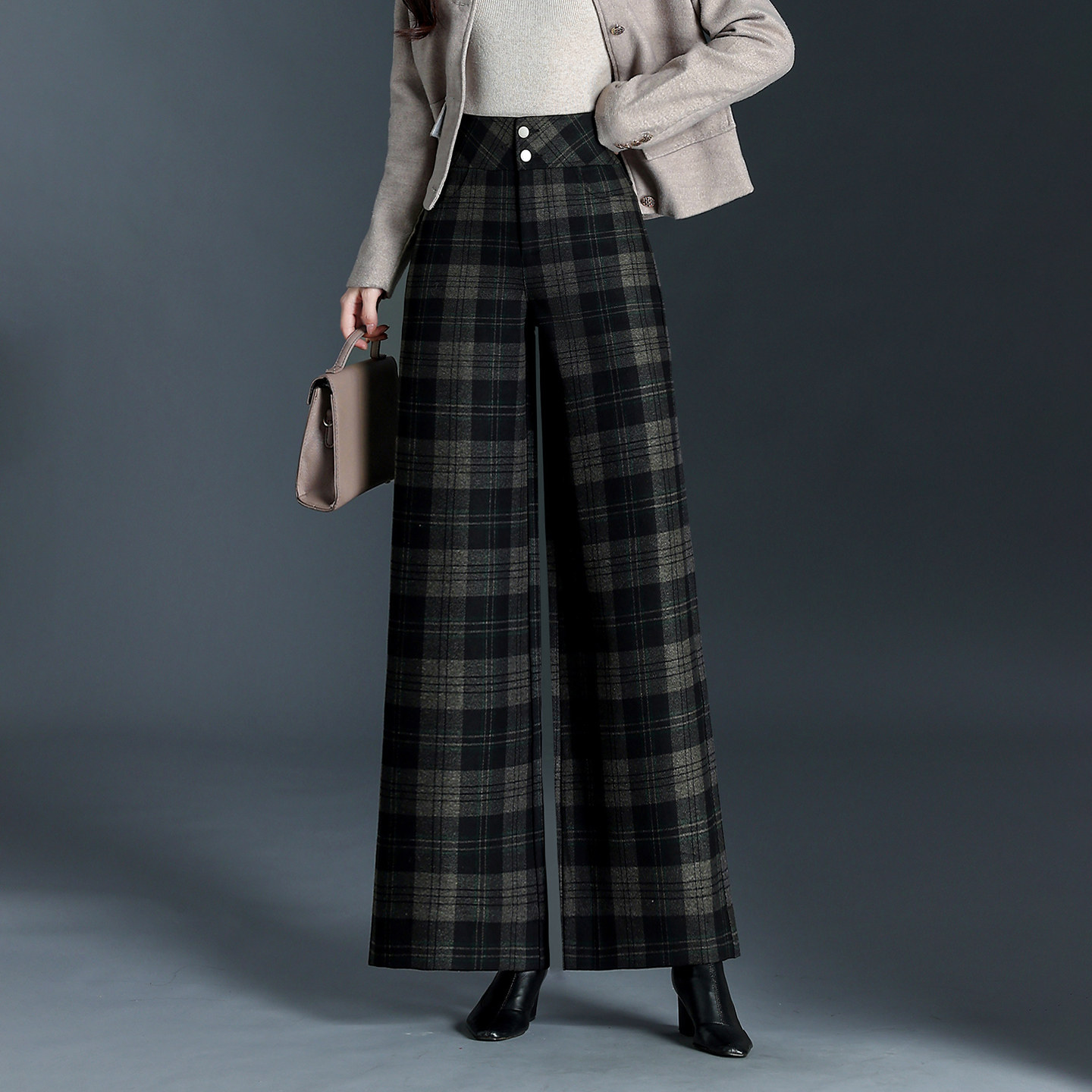 毛呢格子长裤阔腿裤女秋冬2025新款高腰垂感宽松通勤休闲裤大脚裤