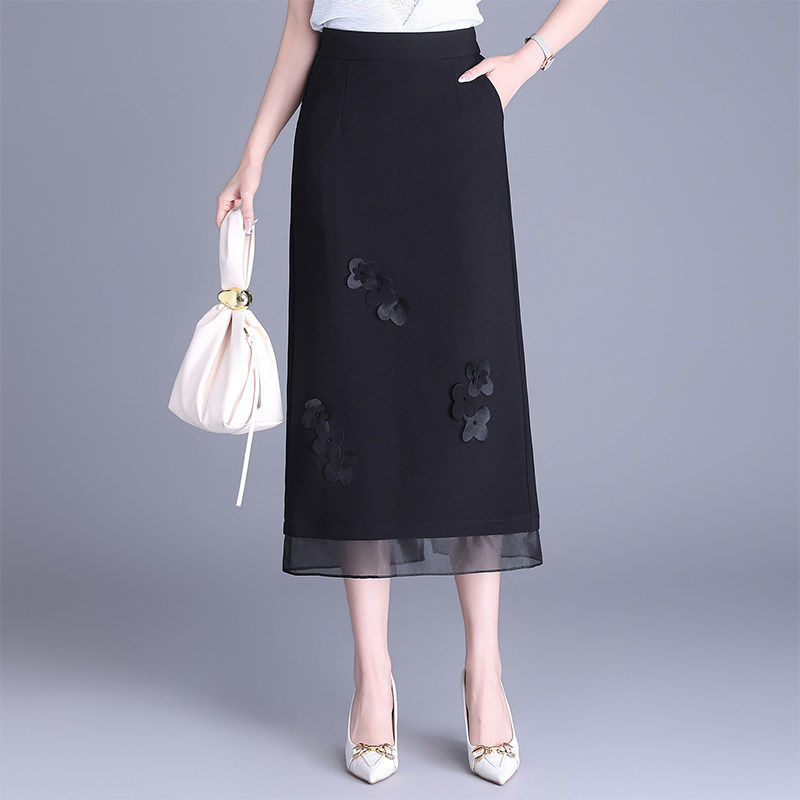 黑色立体花朵直筒半身裙女春夏中长款网纱拼接修身显瘦包臀一步裙
