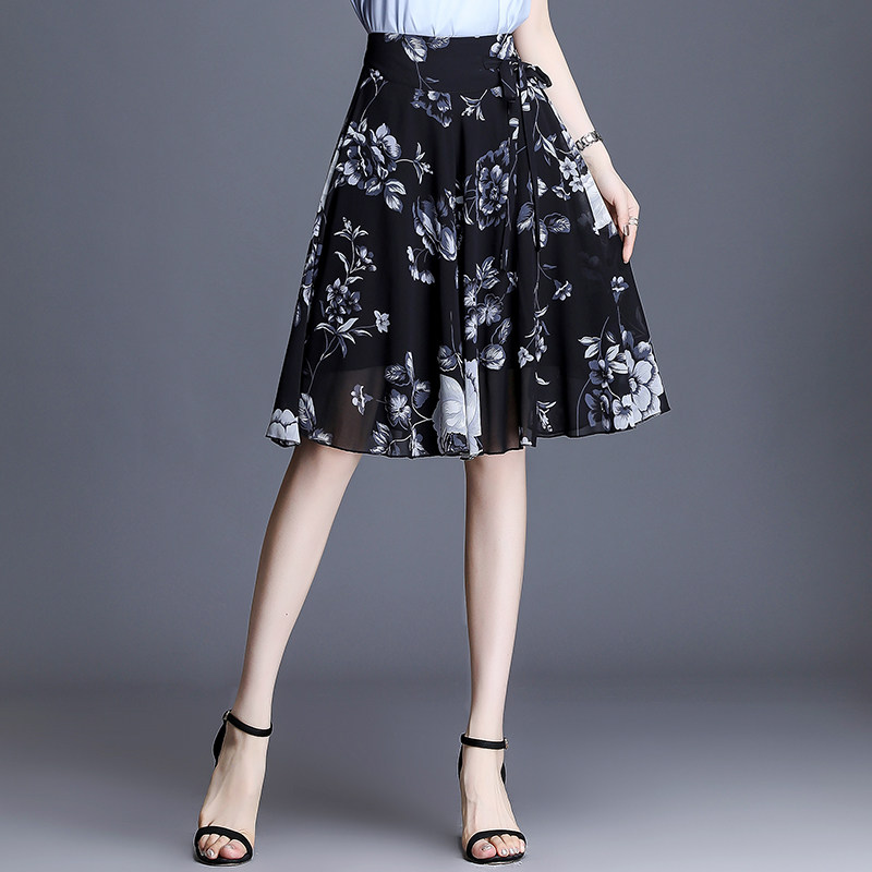 2023夏季宽松印花裙裤阔腿裤女高腰垂感雪纺五分裤a字裤裙中裤薄