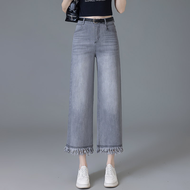 毛边八分牛仔裤女夏季2025年新款高腰小个子窄版直筒阔腿裤休闲裤
