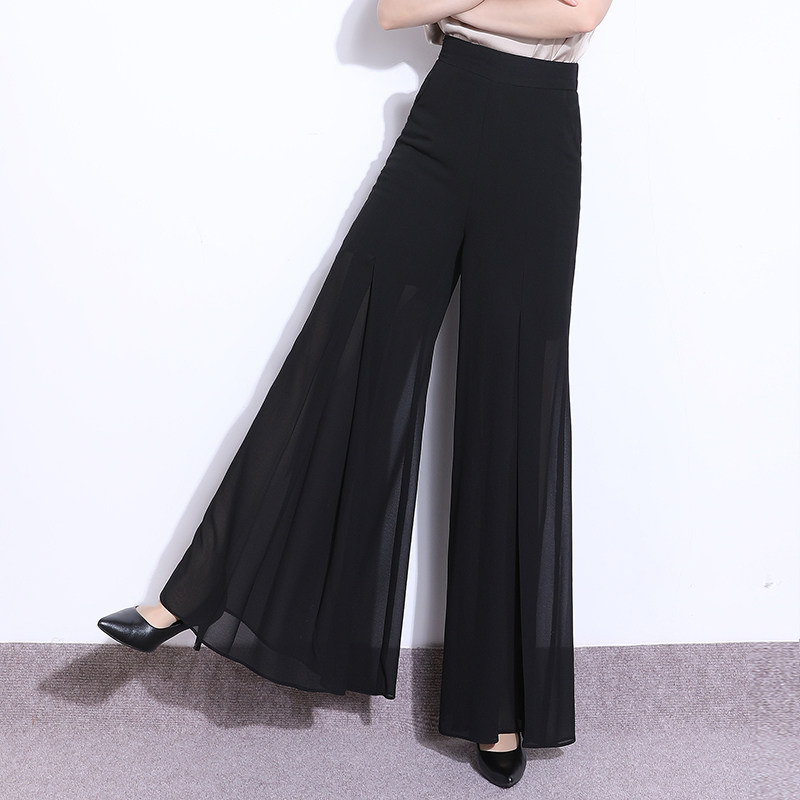 黑色拖地裙裤阔腿裤女2023新款夏季高腰宽松跳舞大脚裤雪纺甩裤薄