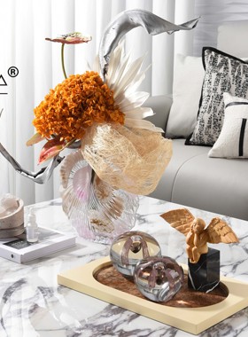 罗曼提现代样板间花艺黄洞石香薰仿木纹天使摆件客厅茶几饰品组合