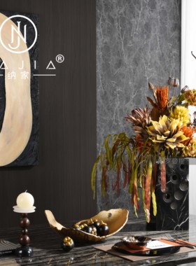 罗曼提海派中古风创意花艺云石实木烛台摆件样板间餐厅餐桌售楼处