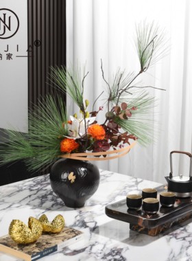 罗曼提新中式花艺陶瓷描银茶具金属果壳摆件样板间客厅茶几售楼处