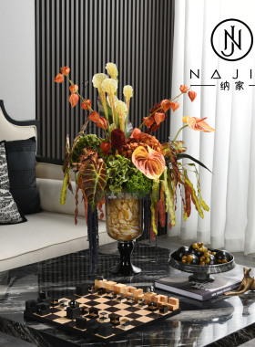 罗曼提海派中古风创意花艺饰品实木棋盘摆件样板间客厅茶几售楼处